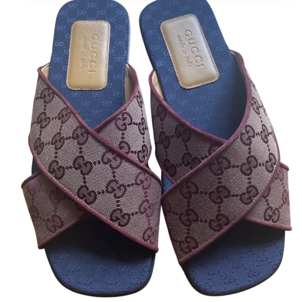 Gucci Brown Gg Canvas Cross-Over Slide Sandals With Navy Footbed